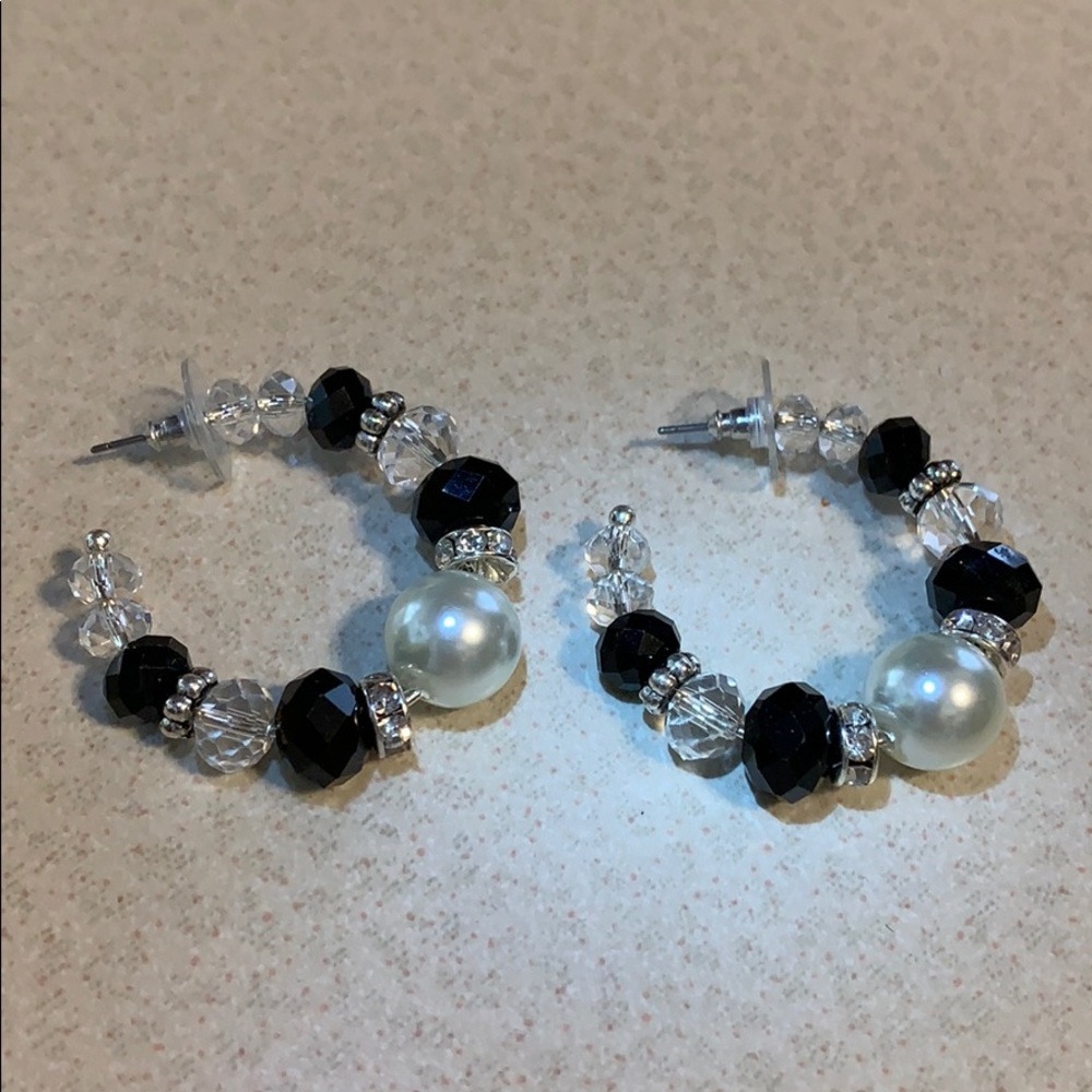 Rhinestone crystal silver tone pierced hoop earrings (308)
